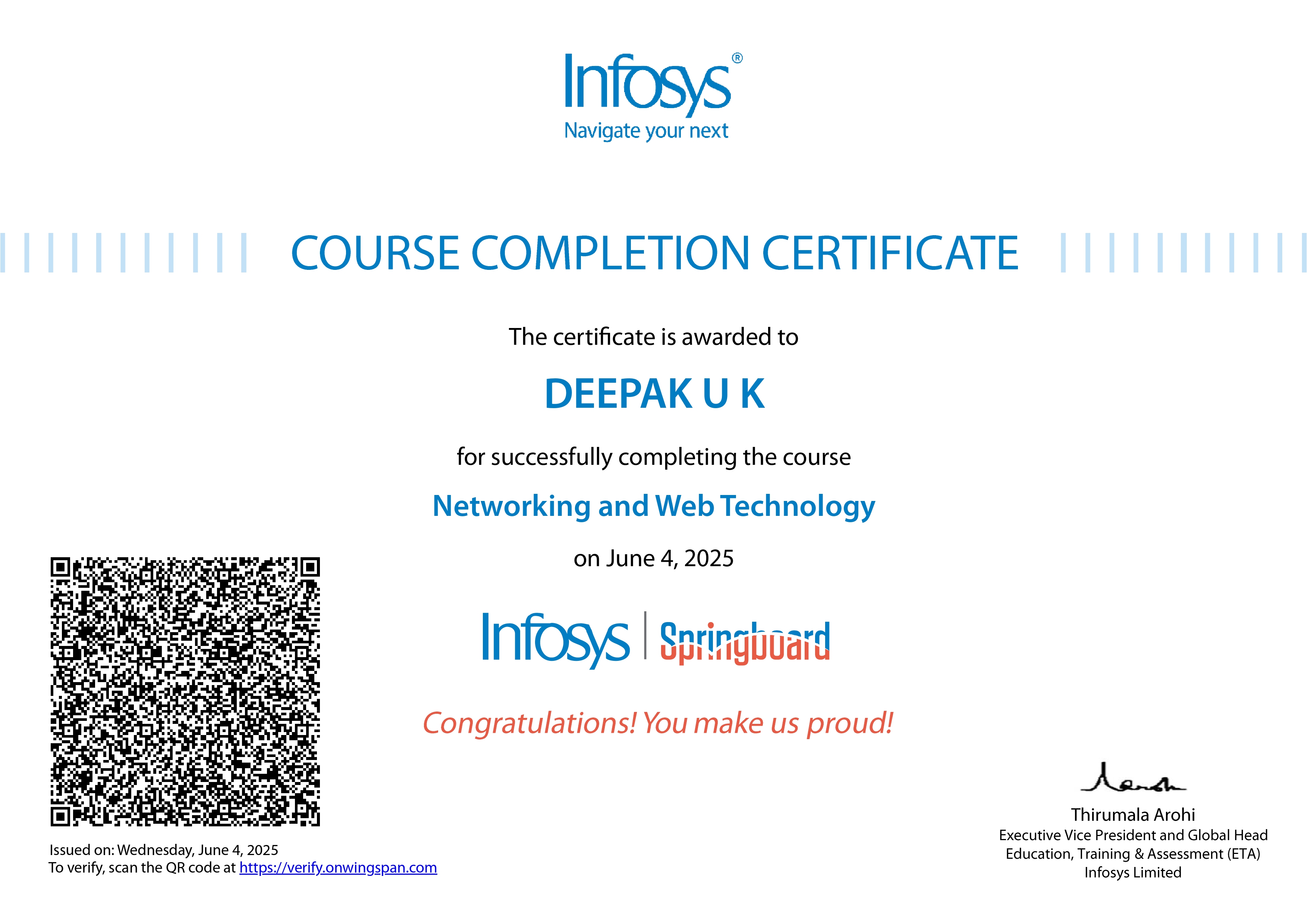 Networking and Web Technology certificate from Infosys Springboard